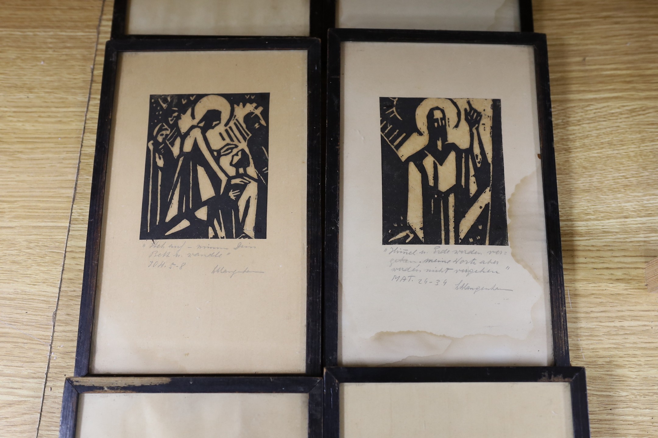 A group of six German woodblock prints, titled biblical scenes, frames 24 x 15cm